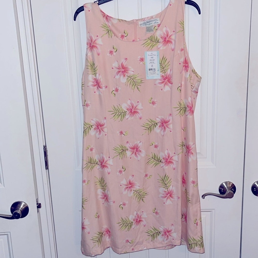 💯Silk Sleeveless tropical dress Pineapple Moon women sz XL pink &‎ green floral